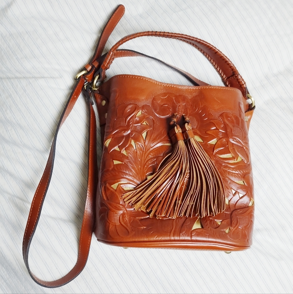 Patricia Nash Brown Leather Shoulder Bag with Embossed Floral Design
